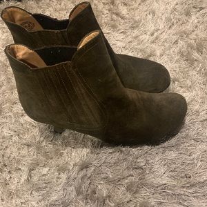 Olive green Fluevog boot suede feeling material
